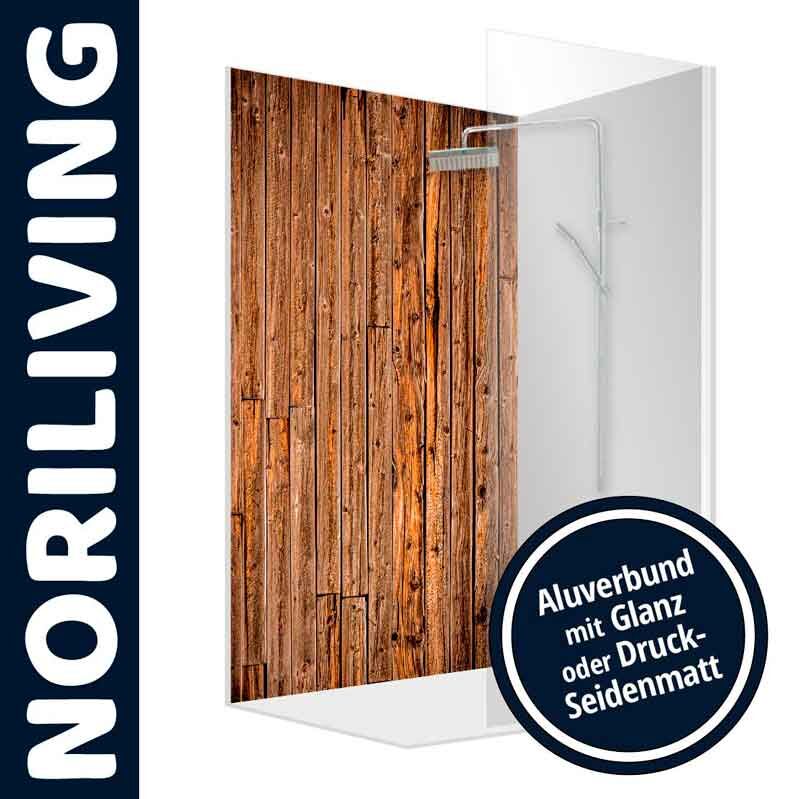 NORILIVING Duschwand, Holzoptik, Aluverbund, Glanz oder Druck-Seidenmatt