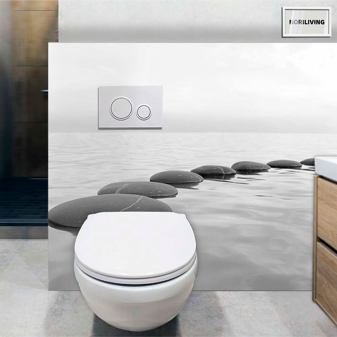 im WC eingebaute Toilettenrückwand mit Motiv Steinweg im Wasser 942 schwarz-weiß