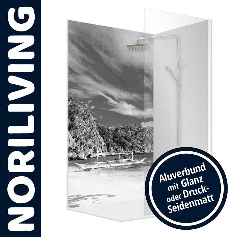 Duschwand von NORILIVING mit tropischem Strandmotiv, erhältlich in glänzend oder matt