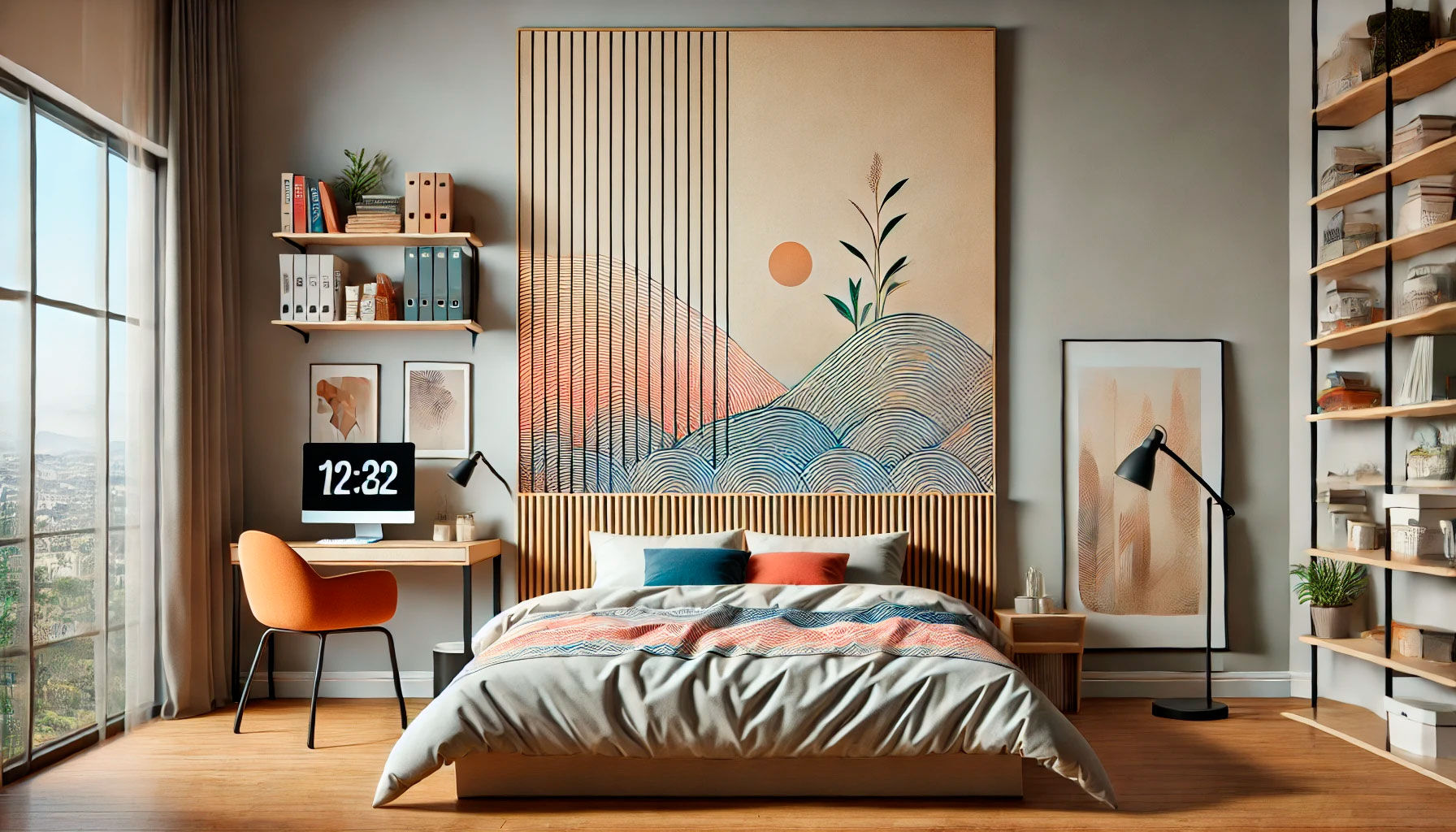 Modernes Schlafzimmer mit stilvoller Wandkunst und Schreibtisch Gemütliches, modernes Schlafzimmer mit großem Kunstwerk über dem Bett, Schreibtisch und Bücherregal, das eine warme und einladende Atmosphäre schafft.