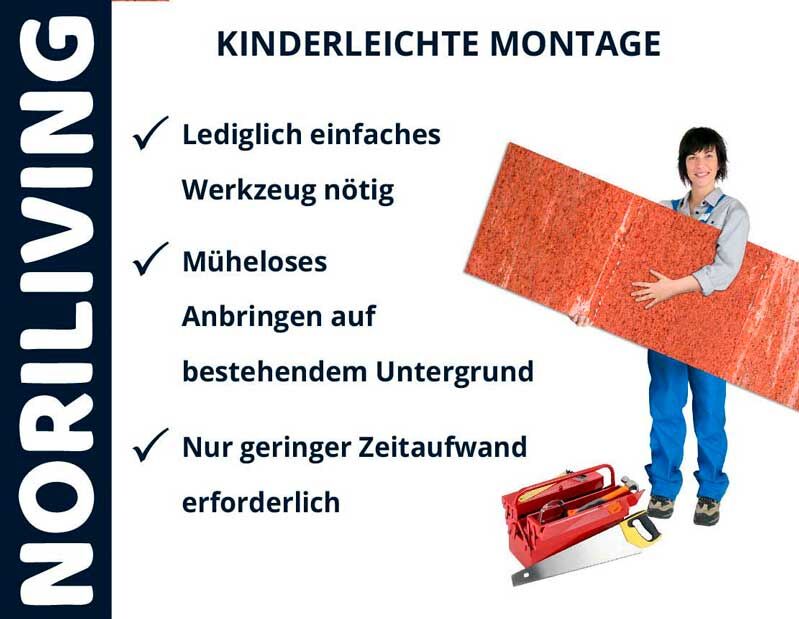 Frau hält Wandverkleidung, Noriliving Design. Einfache Montage mit minimalem Werkzeugaufwand möglich.