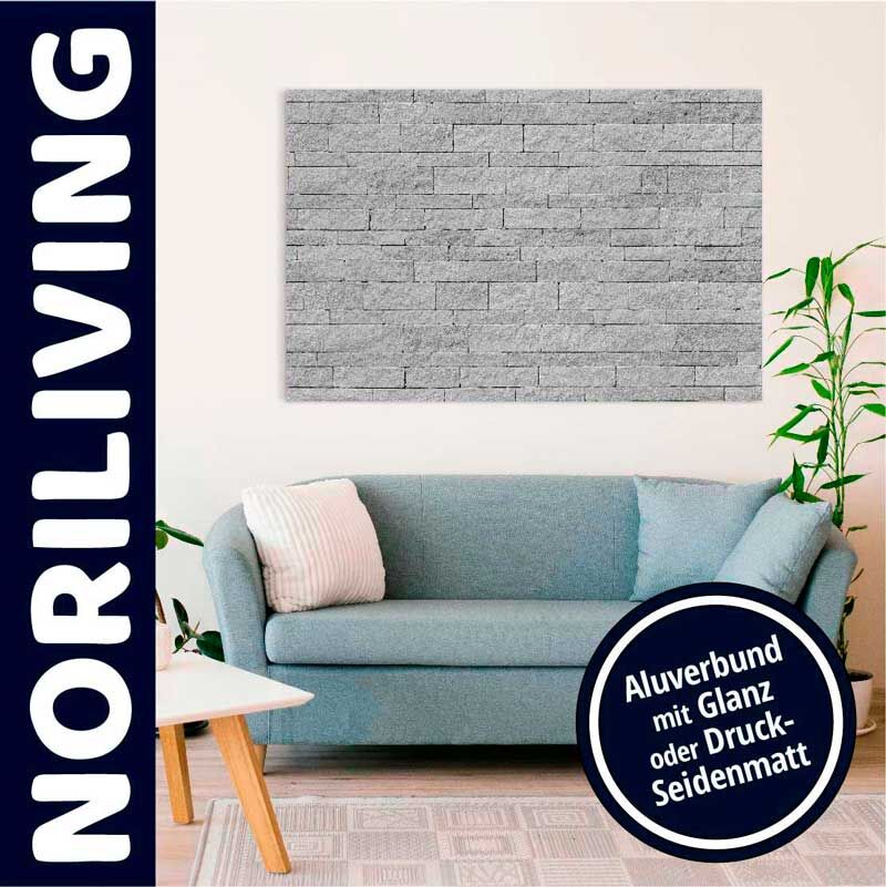 Graues Aluverbund-Wandbild über einem blauen Sofa in einem modernen Wohnzimmer, verziert mit Pflanzen und Kissen. Beschriftung: Aluverbund mit Glanz oder Druck-Seidenmatt.