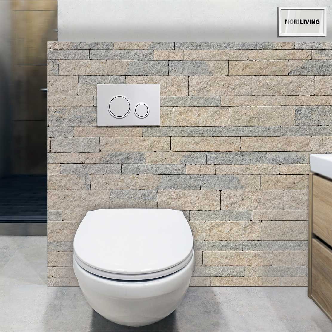 im WC eingebaute Toilettenrückwand mit Motiv Steinwand beige - blau 430