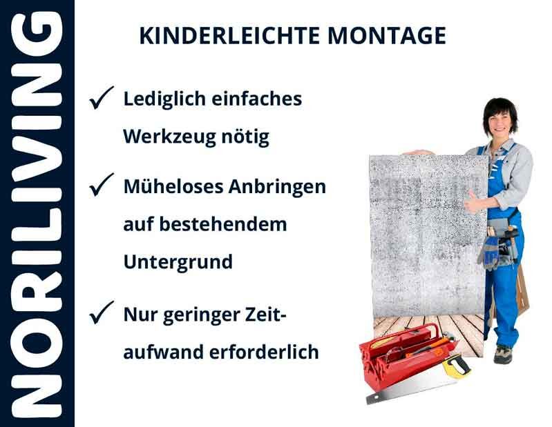 Werbung für NORILIVING Wandpaneele mit einfacher Montage, weniger Aufwand und minimalem Werkzeugbedarf.