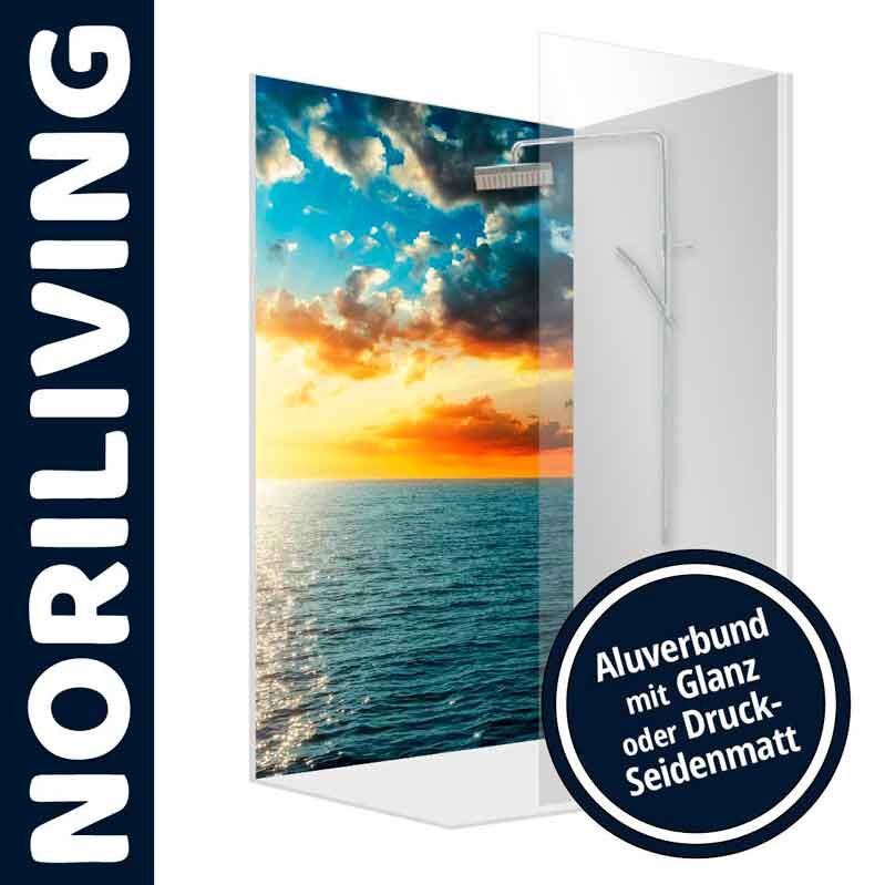 Duschrückwand mit Sonnenuntergang am Meer, Aluverbund von NORILIVING