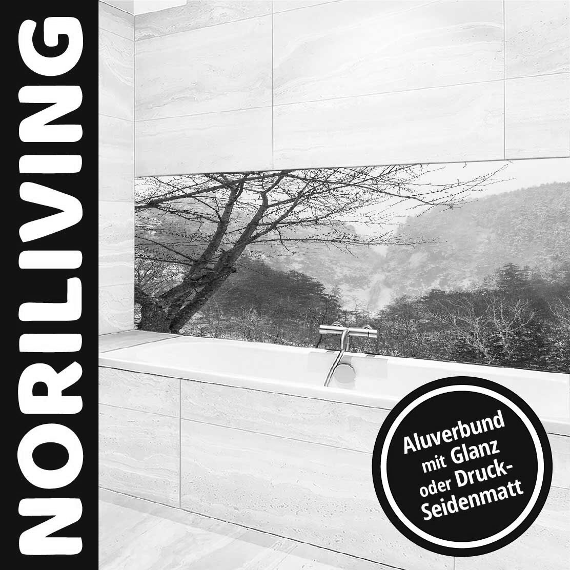 Badezimmer mit stilvoller Aluverbund-Wandverkleidung und Naturmotiv in Schwarzweiß von NORILIVING