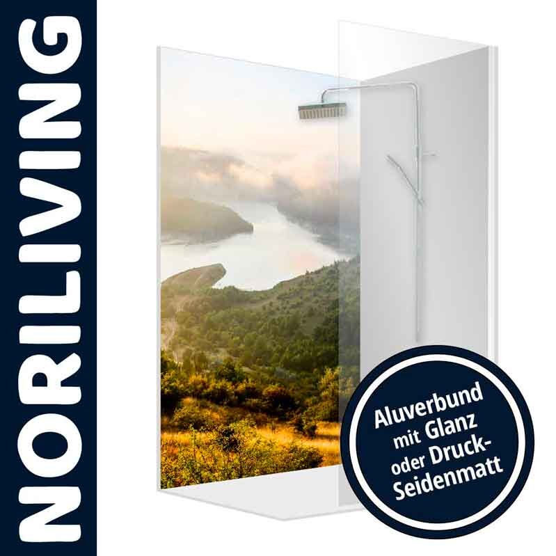 Dekorative Duschrückwand mit Alubund und Landschaftsmotiv in Glanz oder Druck-Seidenmatt
