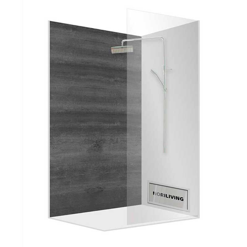 Abgebildet ist eine moderne Duschkabine mit einer Glaswand und einem Regenduschkopf, sowie einer kontrastreichen dunklen Rückwand.