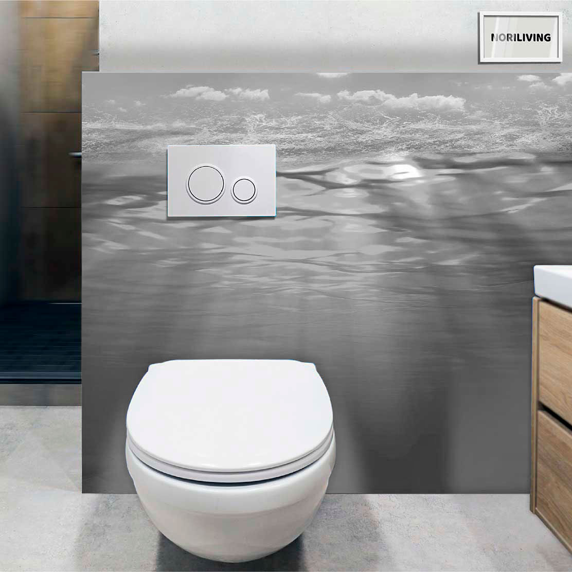 im WC eingebaute Toilettenrückwand mit Motiv Unterwasser in der Tiefe 927a schwarz-weiß
