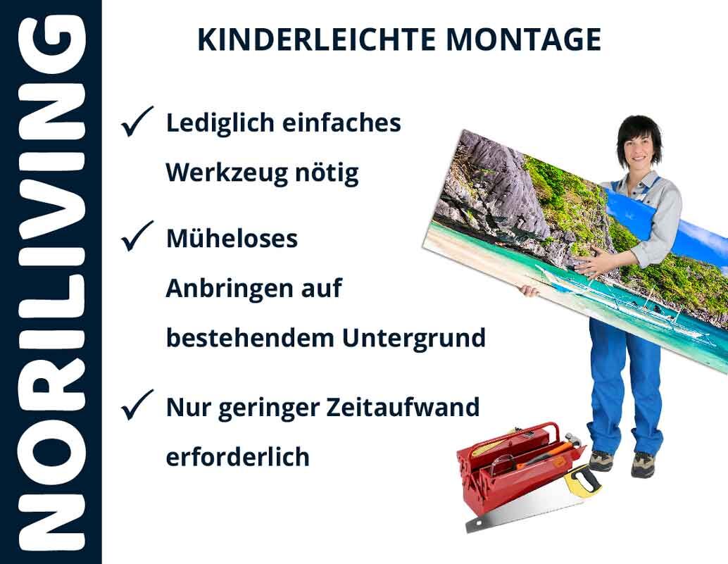 Person hält ein Landschaftsbild, daneben Werkzeug für einfache Befestigung von NORILIVING-Produkten.