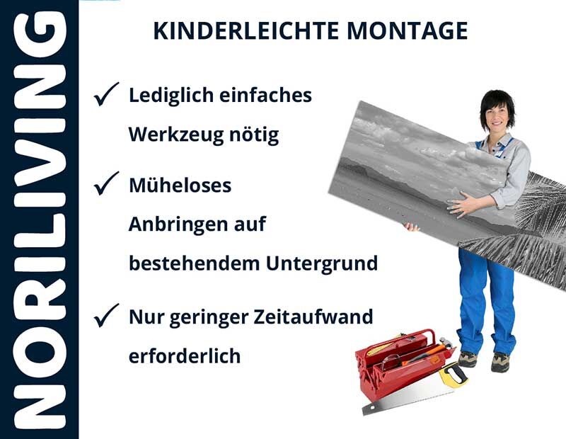 Eine Frau zeigt die kinderleichte Montage von Noriliving mit minimalem Werkzeugbedarf.