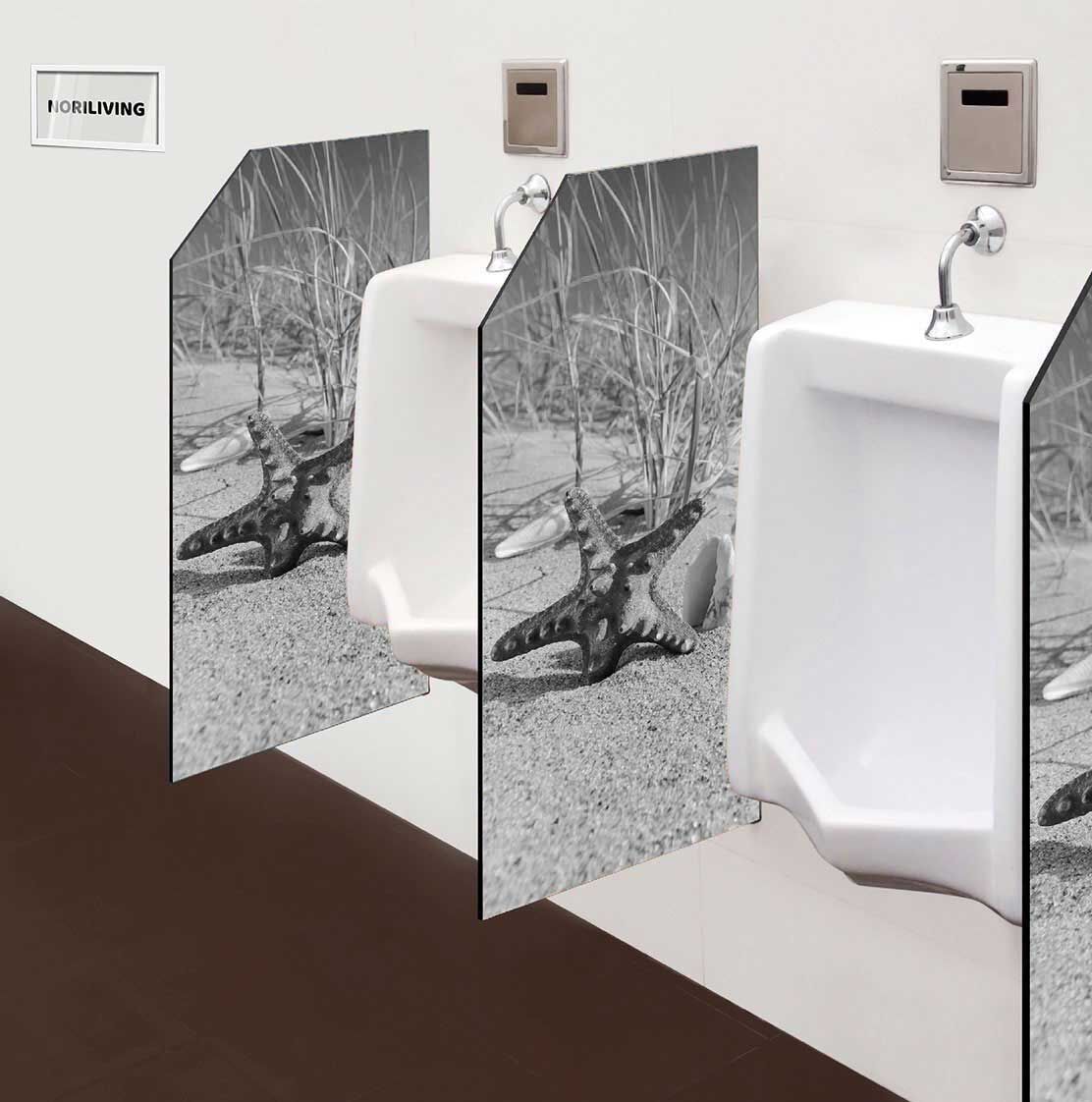 in der Toilette eingebaute Schamwand mit Motiv Seesterne und Muscheln am Strand 183 schwarz-weiß