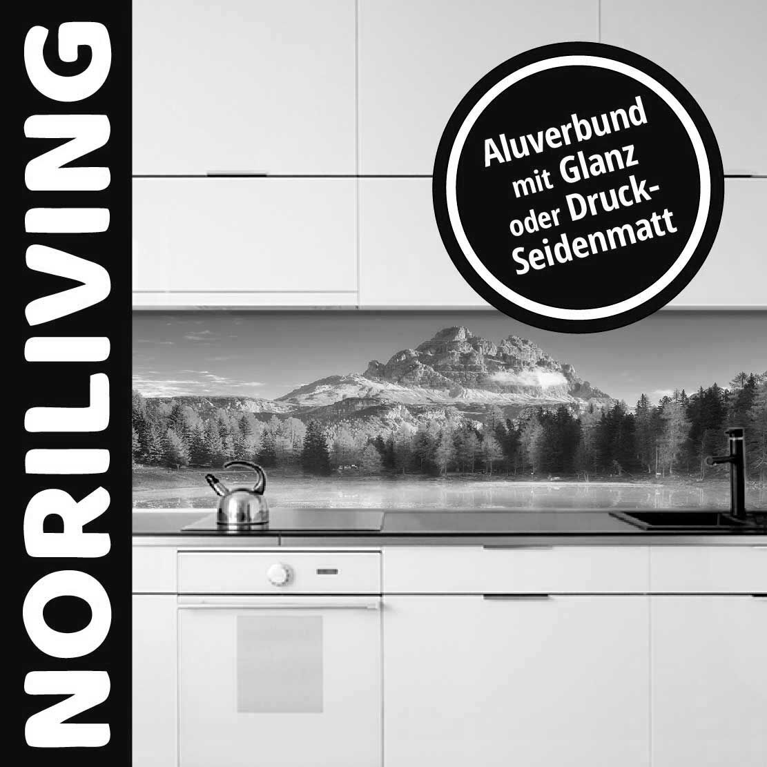 Weiße Küche mit Aluverbund-Rückwand in Glanz oder Druck-Seidenmatt; dekorativ mit Berglandschaft gestaltet