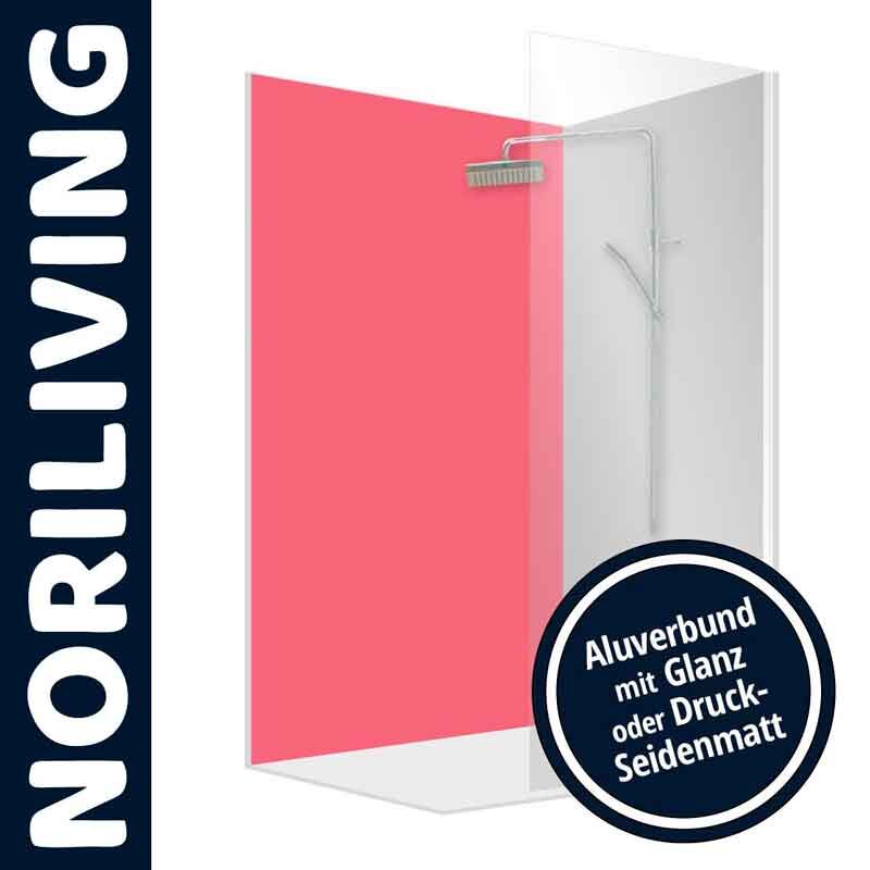 Dusche mit Duschtrennwand von Noriliving, pinkes Glaspaneel mit glänzendem oder seidenmattem Aluverbund