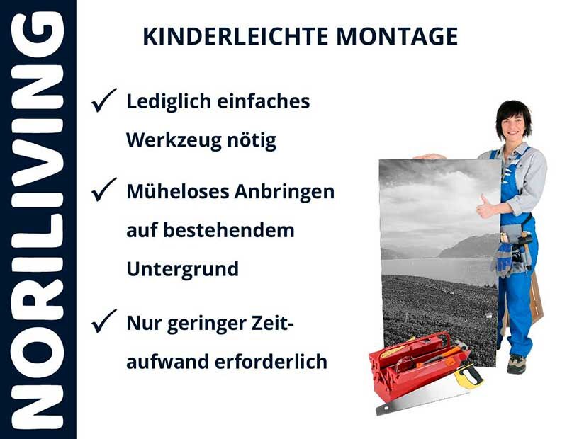 Werbung für Noriliving Wandverkleidung mit kinderleichter Montage, einfachem Werkzeugbedarf und minimalem Zeitaufwand
