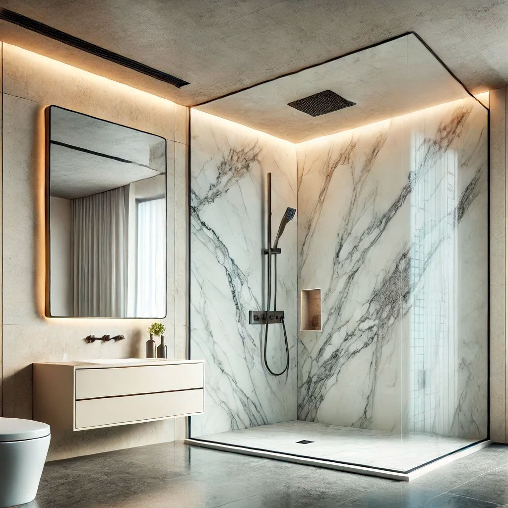 Modernes Badezimmer mit Marmorfliesen und beleuchtetem Spiegel Stilvolles Badezimmer mit Marmorfliesen, Glasdusche und beleuchtetem Spiegel