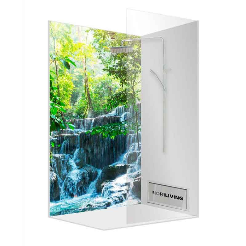 Moderne Duschwand mit einem atemberaubenden Wasserfall-Bild für ein naturverbundenes Duscherlebnis