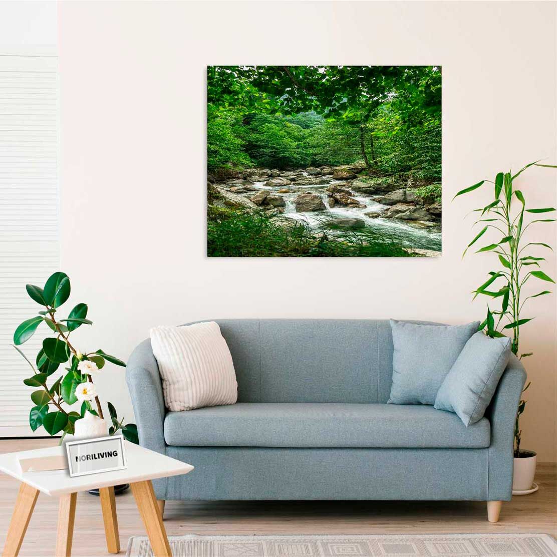 Wandbild über dem Sofa mit Motiv kleiner Wasserlauf über Felsen 181