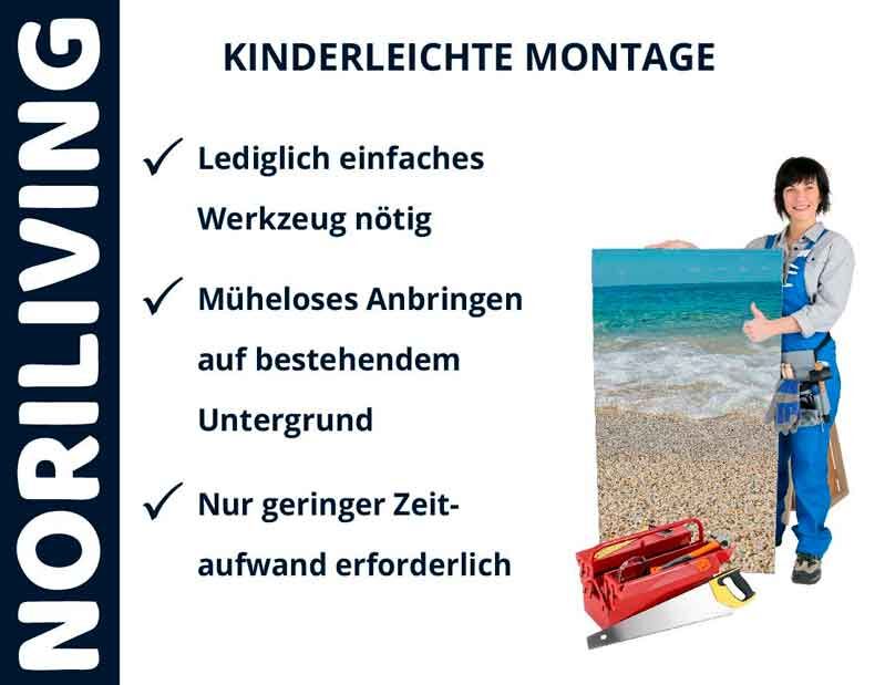 Person präsentiert kinderleichte Montage mit einfachem Werkzeug erforderlich, auf bestehendem Untergrund, geringer Zeitaufwand notwendig. Marke Noriliving.