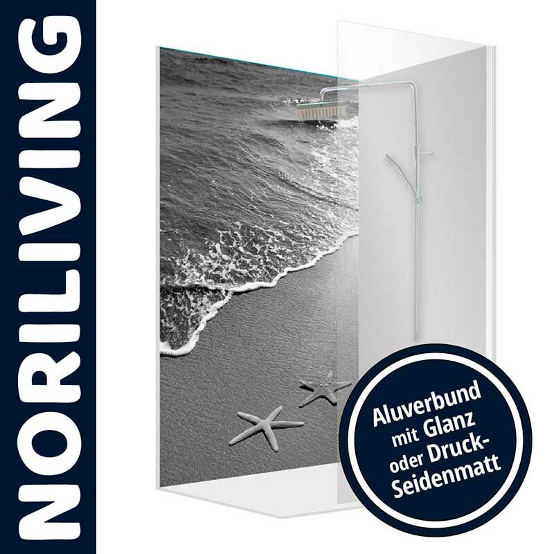 Duschwand von NORILIVING mit Meeresmotiv, verfügbar in Aluverbund mit Glanz oder Druck-Seidenmatt