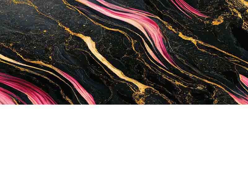 Abstrakte Marmorstruktur in Schwarz, Rosa und Gold, die fließende Linien und luxuriöse Akzente zeigt