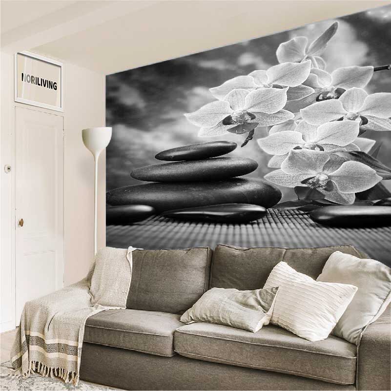 im Wohnzimmer eingebaute Wohnzimmerrückwand mit Motiv Zen Steine mit Orchideen 392 schwarz-weiß