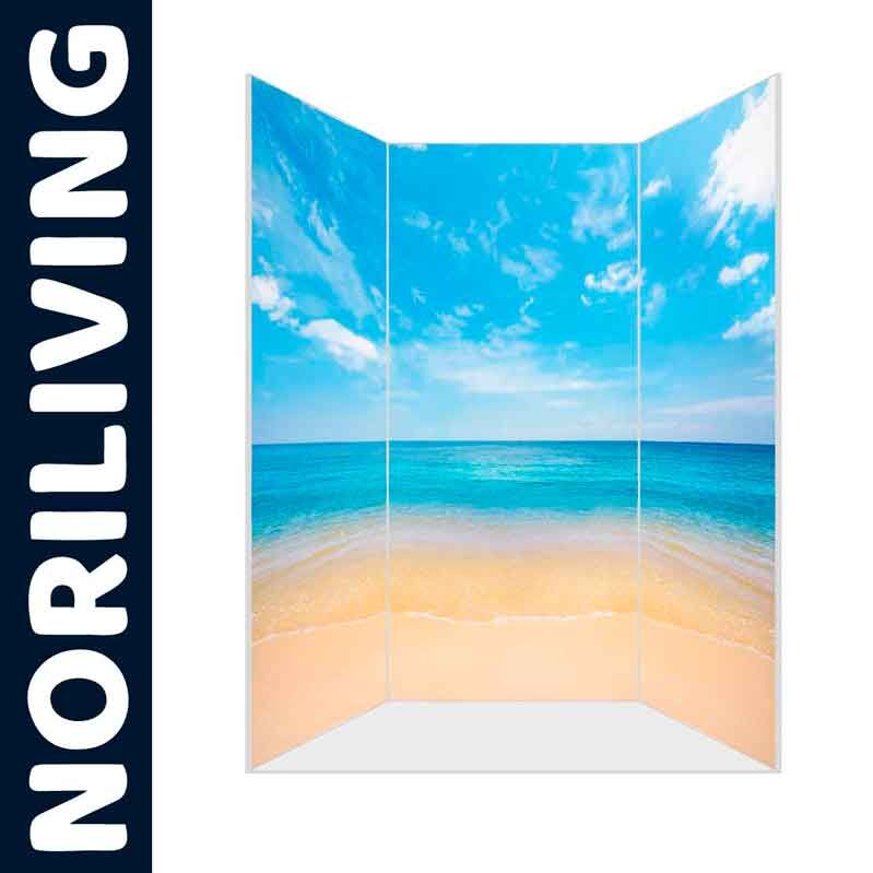 Paravent mit Strandbild und Noriliving-Logo