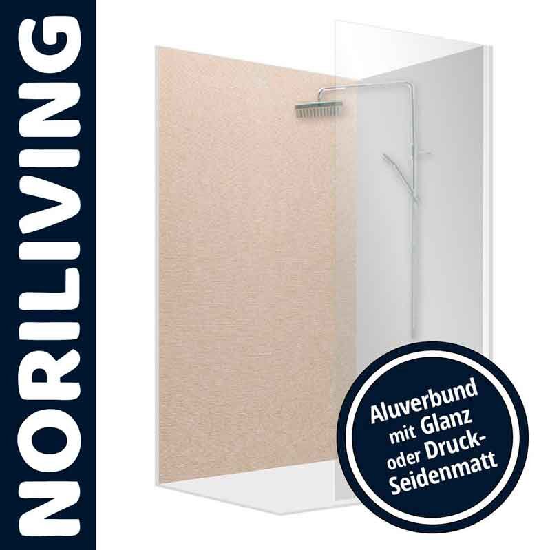 Bild der NORILIVING Duschrückwand aus Aluverbund mit wahlweise glänzender oder seidenmatter Oberfläche