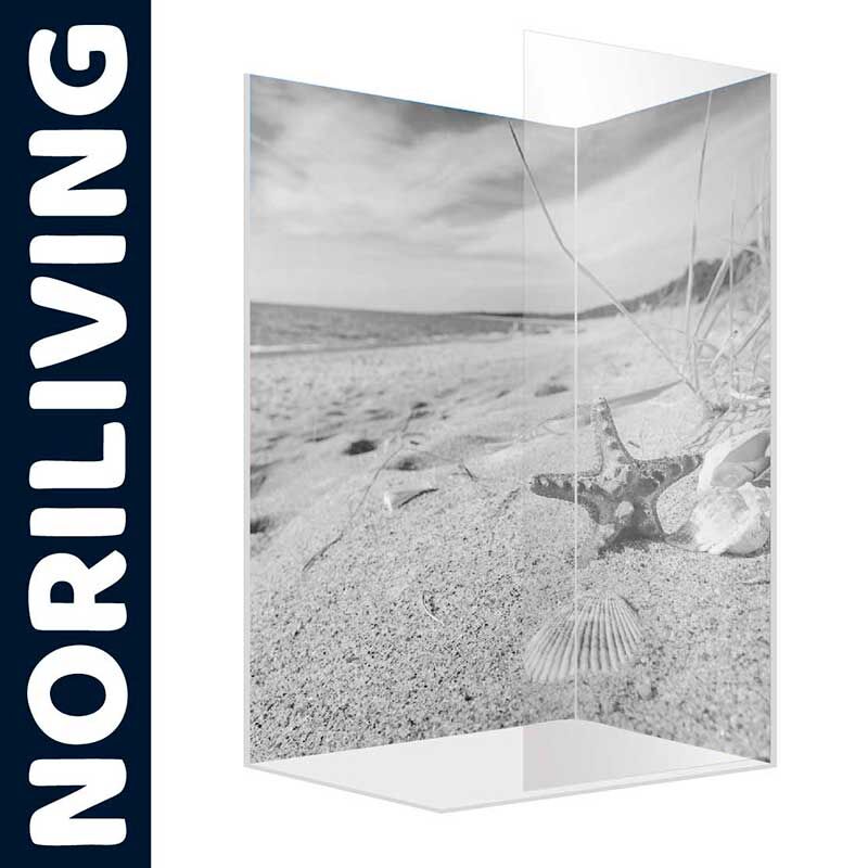 Schwarz-weiße Duschwand mit Strand- und Meeresmotiv von Noriliving
