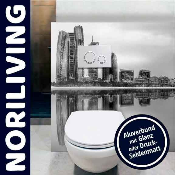Toilette mit stilvollem Wanddesign und Spiegelung, Alubund-Panel mit Glanz oder Druck-Seidenmatt von Noriliving