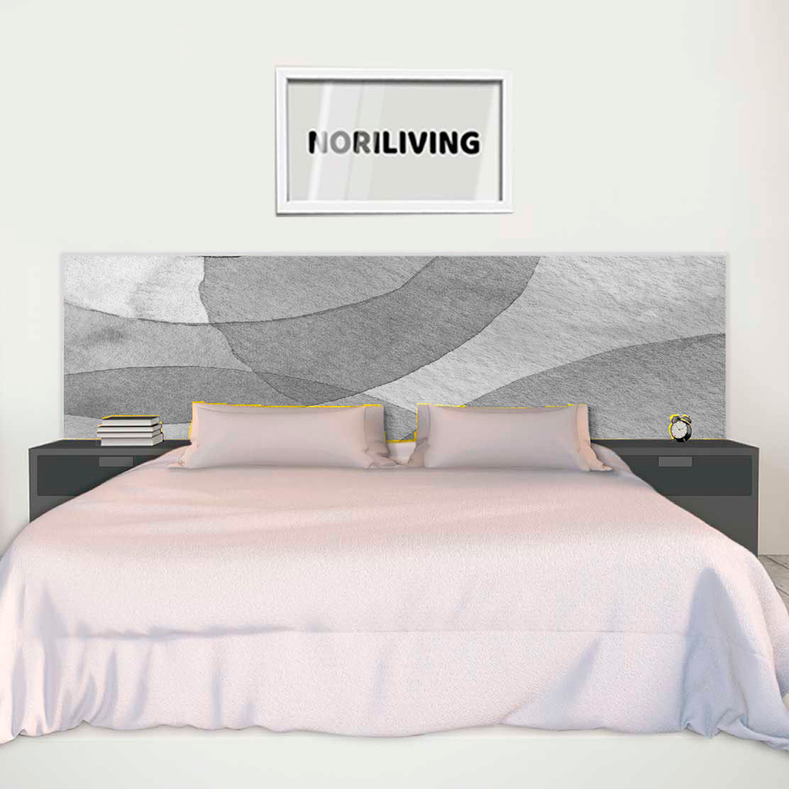 im Schlafzimmer eingebaute Bettrückwand mit Motiv abstrakte Aquarellkreise 407 schwarz-weiß