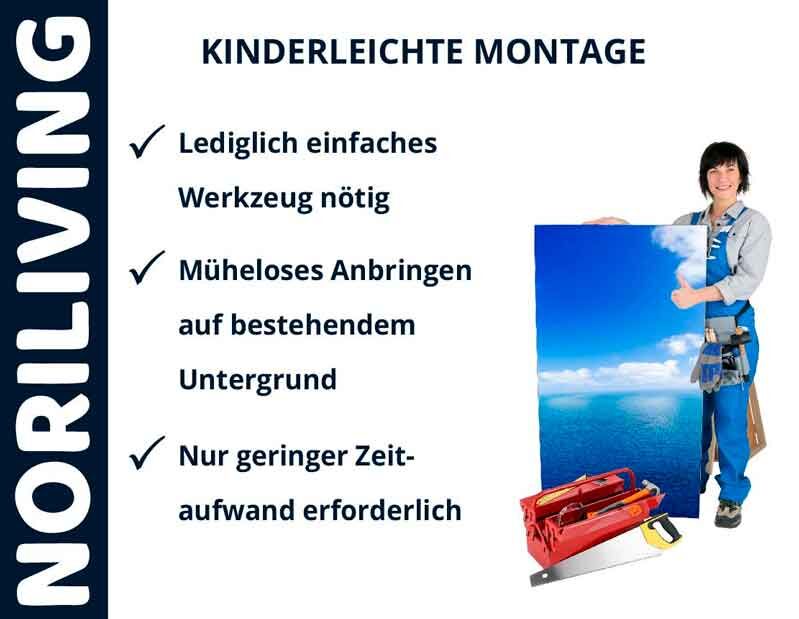 Montage mit Noriliving; Person mit Werkzeug und Bild beantwortet Montageanforderungen mit Leichtigkeit: Einfaches Werkzeug, bestehender Untergrund, geringer Zeitaufwand