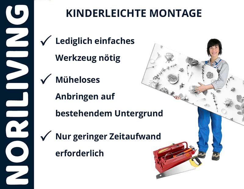 NORILIVING Produktpräsentation: Person mit Wandverkleidung, minimaler Werkzeugeinsatz für einfache Anbringung