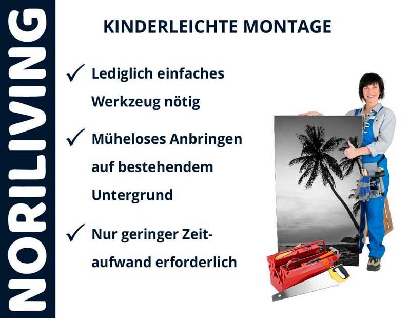 Frau zeigt kinderleichte Montage mit minimalem Werkzeug und Zeitaufwand für Noriliving-Produkte