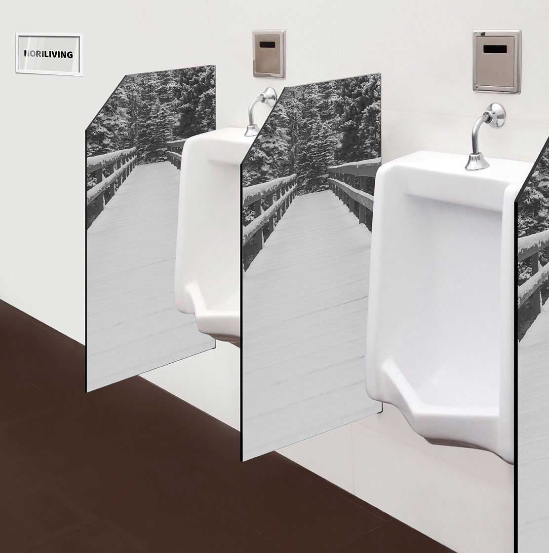 in der Toilette eingebaute Schamwand mit Motiv verschneite Brücke 406 schwarz-weiß