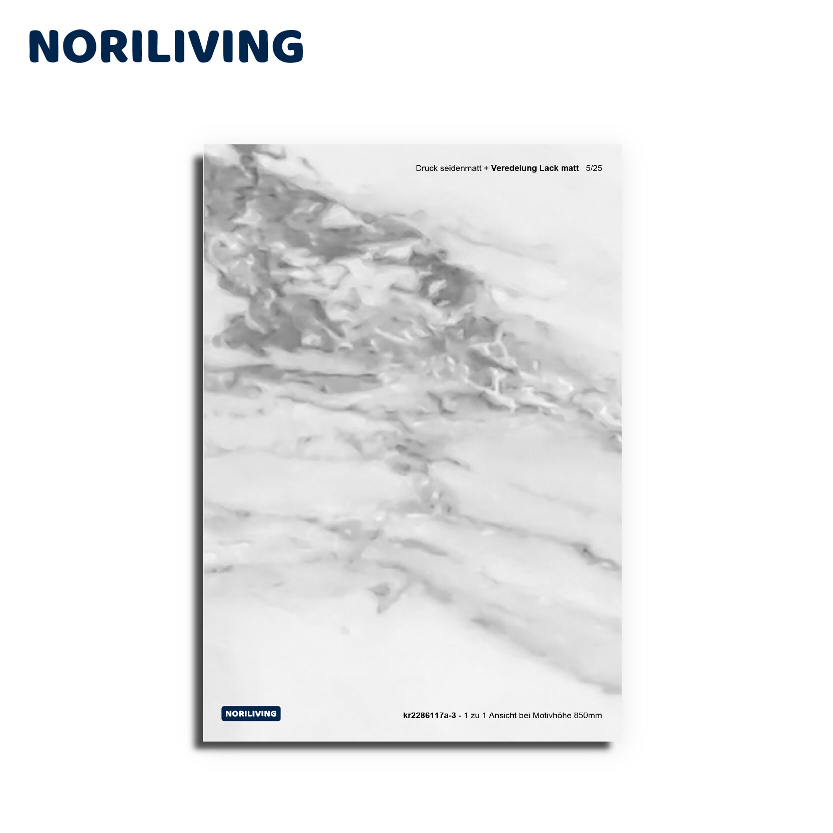 Rückseite eines seidenmatten Drucks mit mattem Lack von NORILIVING, Marmormuster