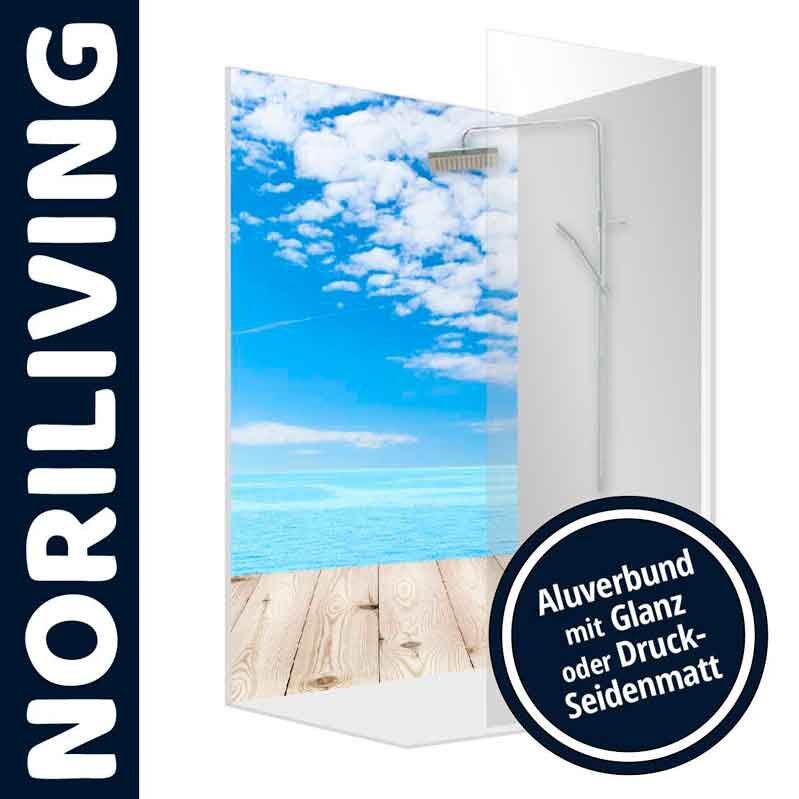 Duschwand von Noriliving mit Aluverbund, zeigt Meeresmotiv. Option für Glanz oder Druck-Seidenmatt verfügbar.