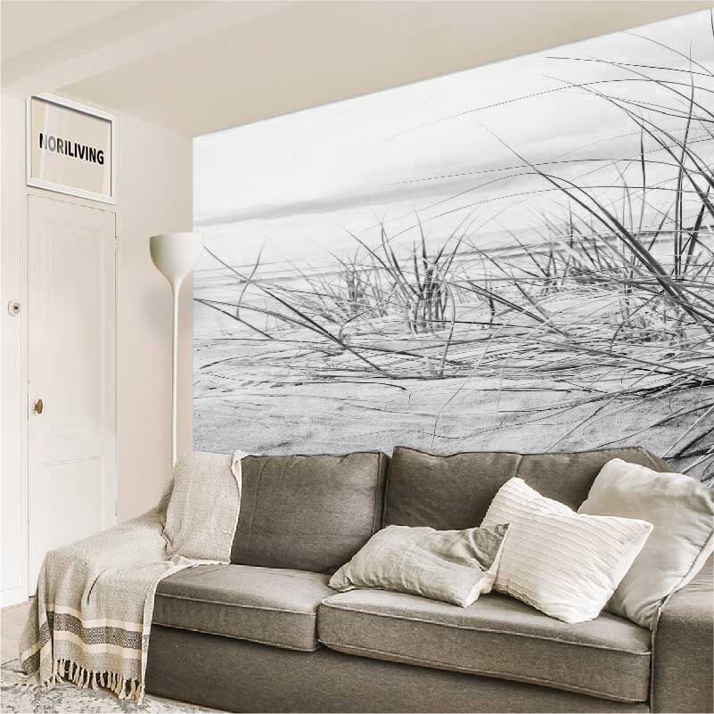 im Wohnzimmer eingebaute Wohnzimmerrückwand mit Motiv Dünen Gras Strand 543 schwarz-weiß