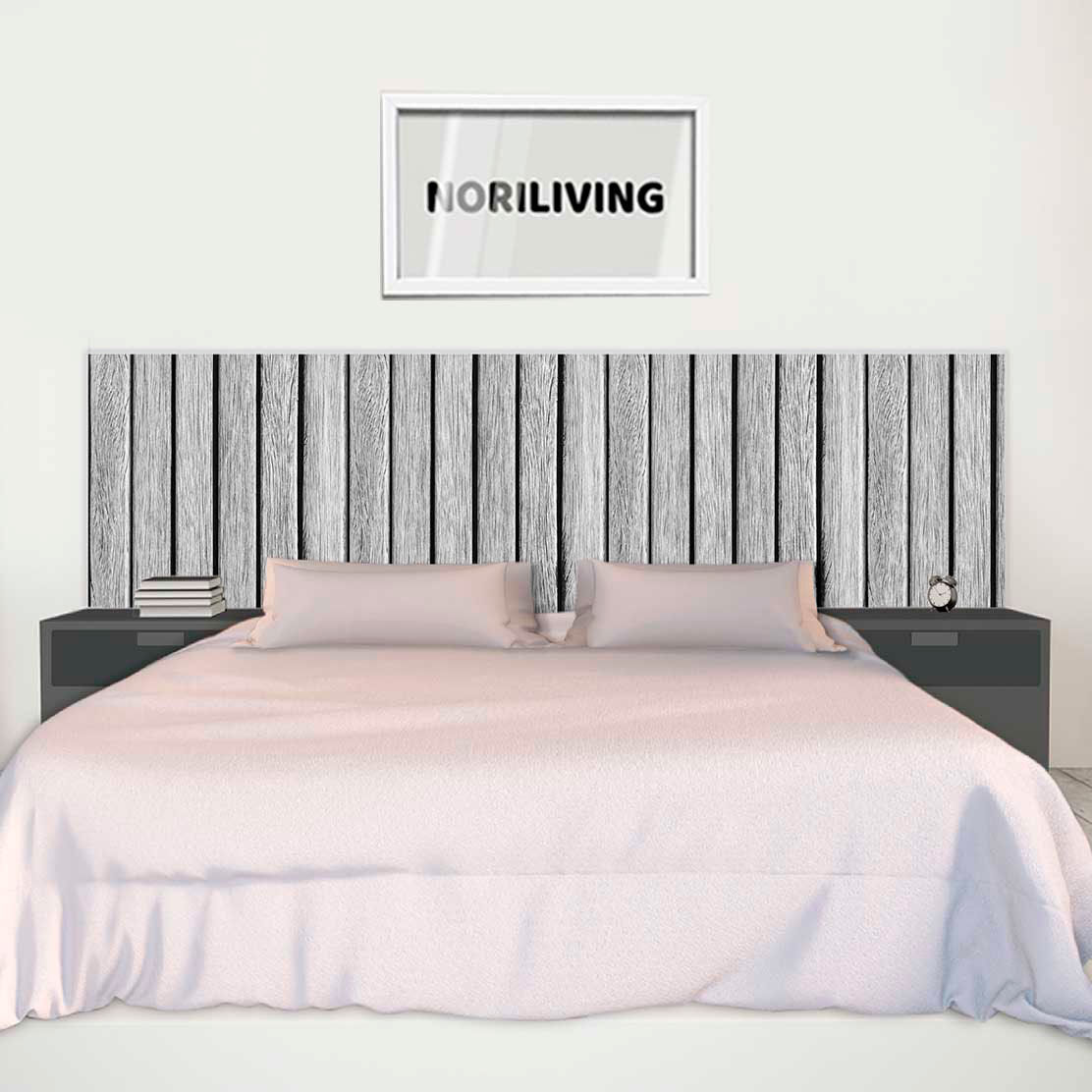 im Schlafzimmer eingebaute Bettrückwand mit Motiv Graue Holzdielen 668 schwarz-weiß