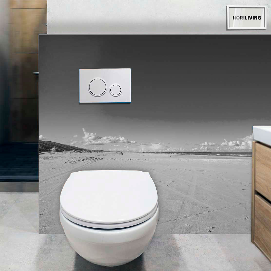 im WC eingebaute Toilettenrückwand mit Motiv Nordseestrand bei Løkken Dänemark 501 schwarz-weiß