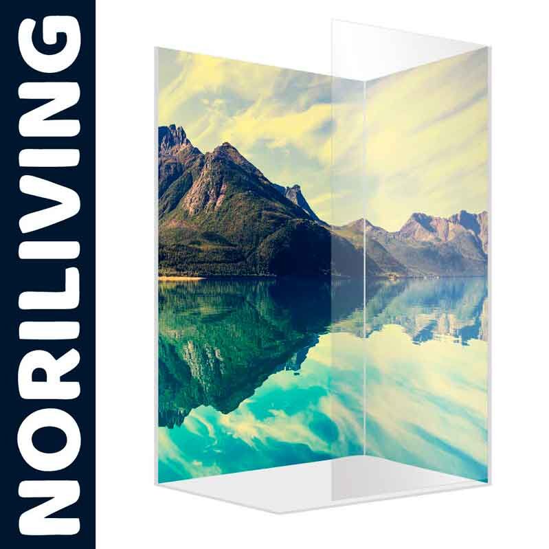 Duschabtrennung von Noriliving mit Aufdruck einer malerischen Berg- und Seenlandschaft