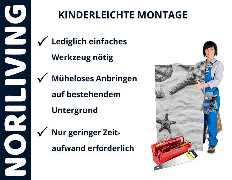 Person mit Poster für einfache Wandmontage mit dem Slogan 'Kinderleichte Montage' und NORILIVING-Logo.