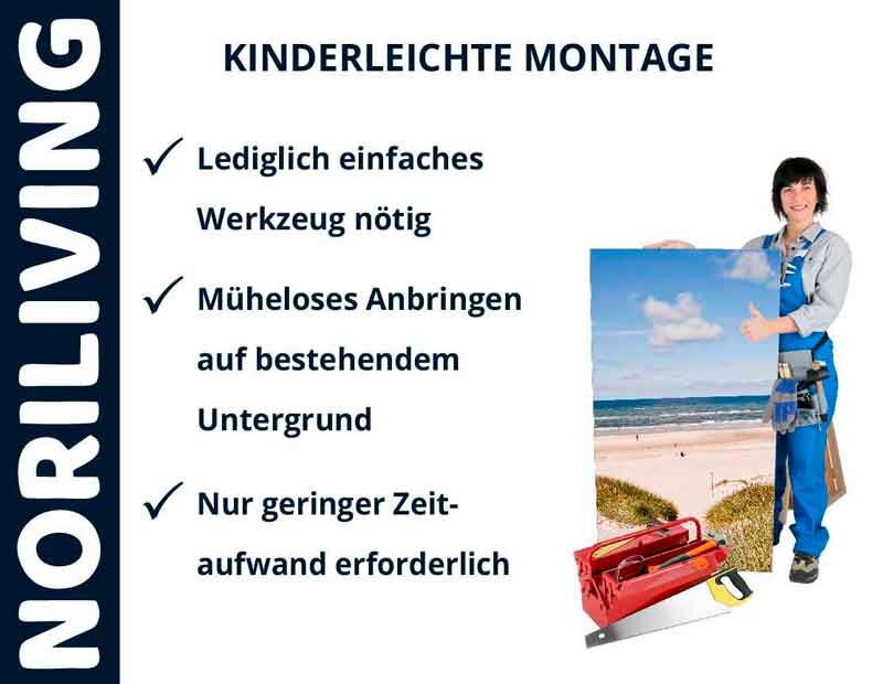 Frau zeigt einfache Montage von Noriliving mit minimalem Werkzeugaufwand, einfaches Anbringen auf bestehenden Untergründen, geringer Zeitaufwand erforderlich.