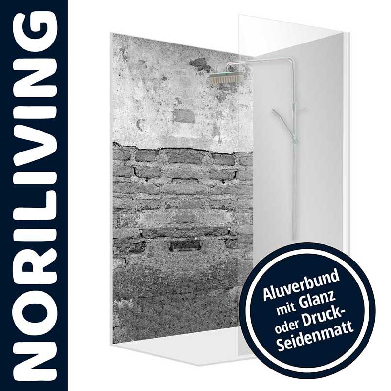 Duschrückwand mit realistischer Ziegelmauer-Optik von Noriliving, ideal für modernes Badezimmerdesign, erhältlich in Glanz oder Druck-Seidenmatt.