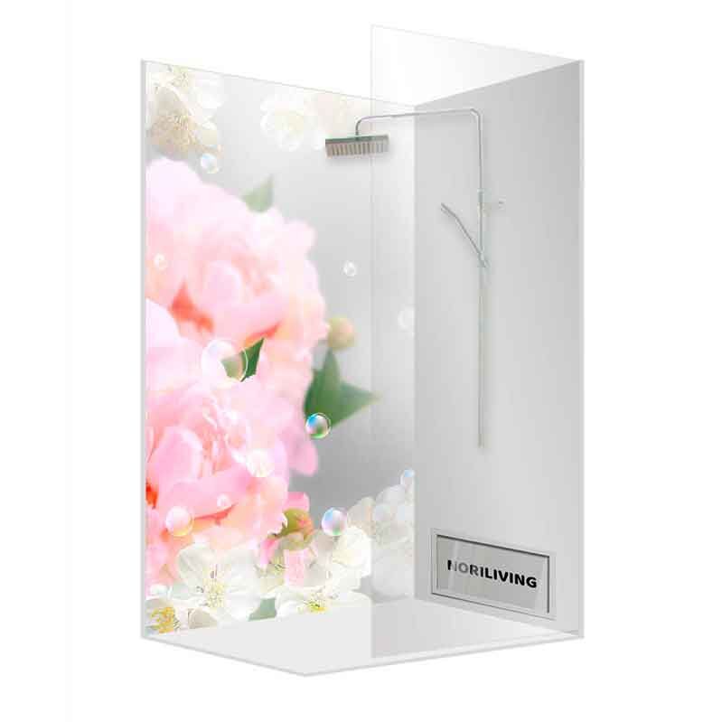Moderne Duschkabine mit floralen Motiven, rosa Blüten und Glaswänden