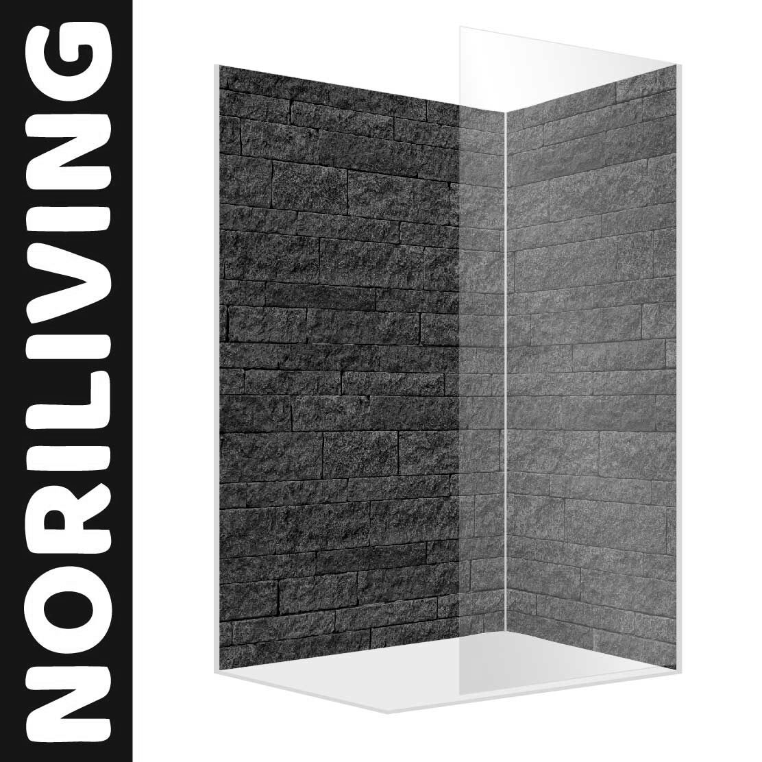 Eck-Duschrückwand Motiv Steinwand beige - blau 430 schwarz-weiß Abbildung einer Eck-Duschrückwand mit Motiv Steinwand beige - blau 430 schwarz-weiß