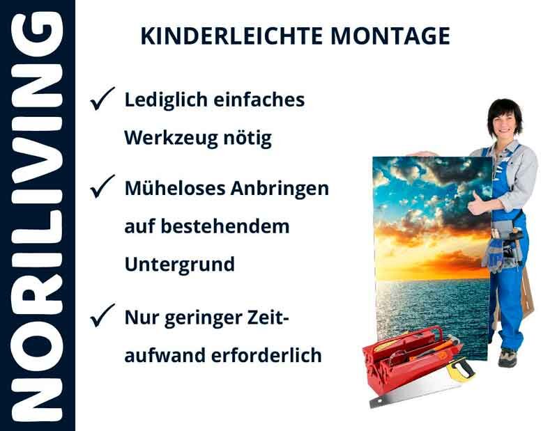 Noriliving Werbung mit einfacher Montageanleitung und Person, die ein Bild aufhängt.