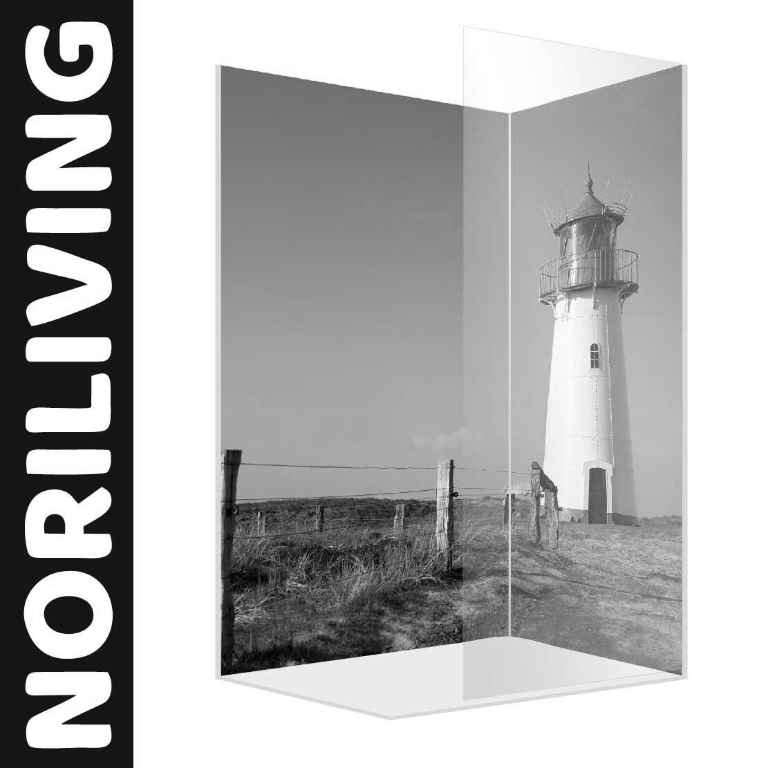 Abbildung einer Eck-Duschrückwand mit Motiv Leuchtturm auf Sylt Nordsee 077 schwarz-weiß