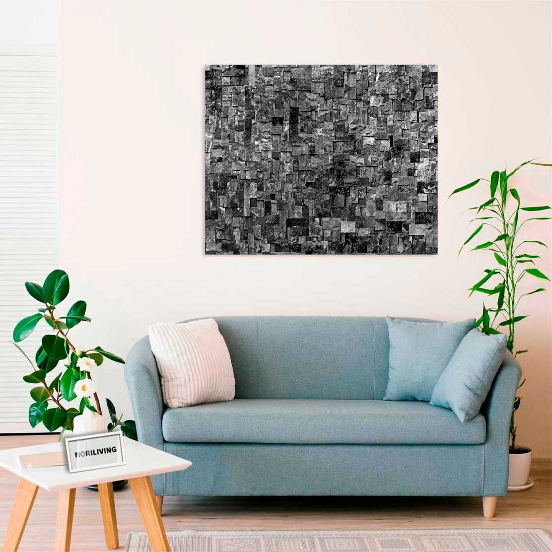 Wandbild über dem Sofa mit Motiv Steinwand Mosaik dunkelgrau 209c schwarz-weiß