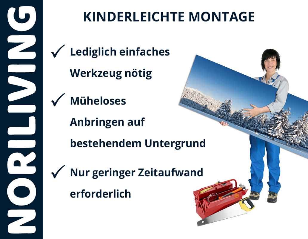 Eine Person zeigt, dass NORILIVING Produkte leicht anzubringen sind, mit minimalem Werkzeugaufwand und geringem Zeitbedarf.